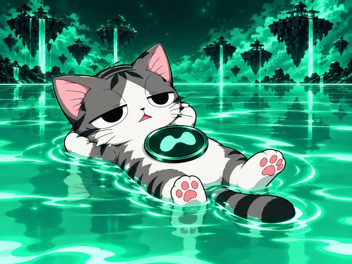 Illustration of Earny, a gray and white cat, floating in glowing teal water beneath floating islands