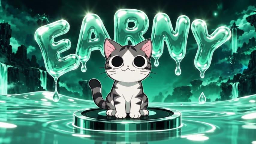 Earny, the gray and white cat, seated in teal water in front of large liquid EARNY lettering